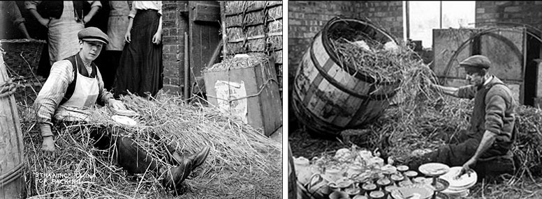 Packing pottery into teachests and barrels with straw