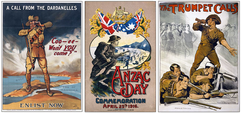 Two Australian recruitment posters showing soldiers wearing their slouch hat. Cover of printed souvenir of first Anzac Day observance, 1916.