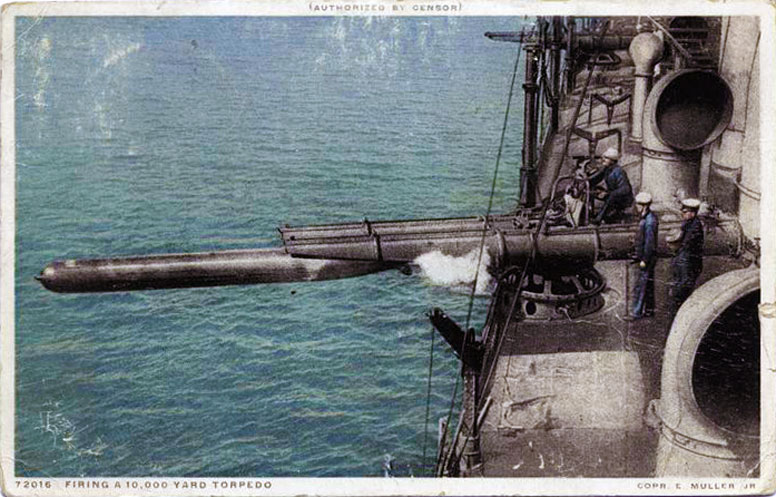 WW1 postcard - Firing a 10,000 yard torpedo from deck.