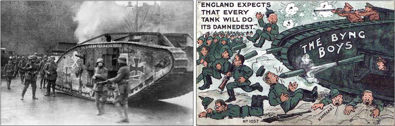 A captured Mark IV tank and Byng Boys tank cartoon