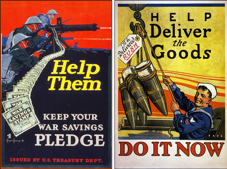 US Treasury 
					poster for War Savings Stamps; Recruitment poster for the US Navy.