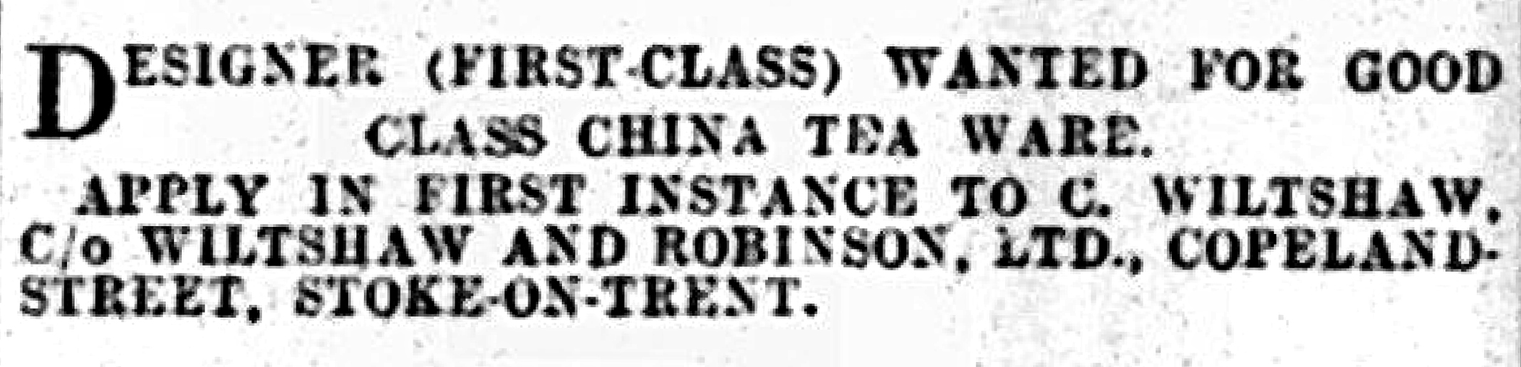 Advertisement from the Staffordshire Sentinel March 1928.
