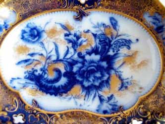 Carlton Ware flow blue & gilt CARNATION tray detail