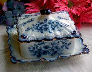 Carlton Ware flow blue Hibiscus cheese dish & cover 