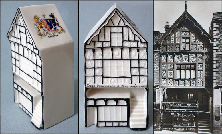Carlton China model of Chester's God's Providence House and a contemporary postcard of the building.