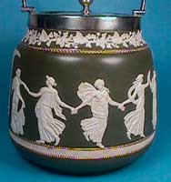 Biscuit barrel with sprigged reliefs