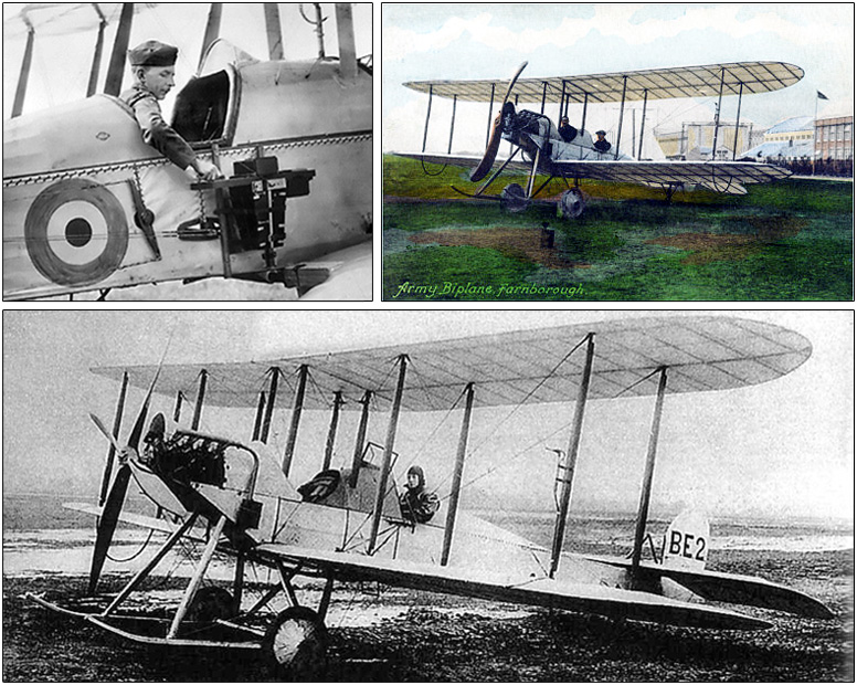 Observer adjusts his camera before a mission; Post card of a B.E.2 at Farnborough; B.E.2 biplane designed and developed by the Royal Aircraft Factory c.1912.