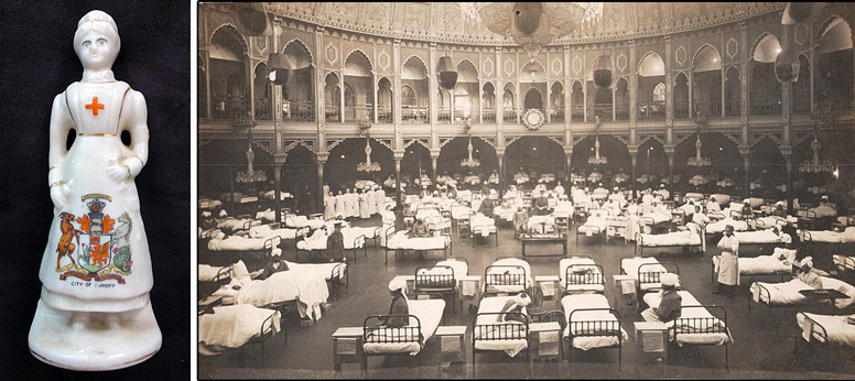 Carlton China model of a nurse and The Royal Pavillion Brighton turned into a hospital for wounded Indian soldiers.