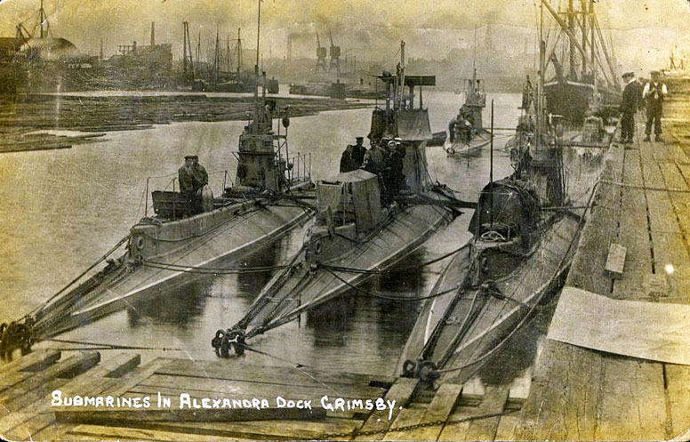 Postcard of C Class submarines in Alexandra Dock, Grimsby.