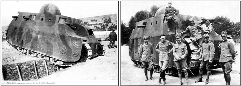 Postcard showing Fiat 2000 tank 
				giving a demonstration in a stadium April 1919 and Crew of 8 Italian soldiers in front of 
				their Fiat 2000 tank c.1919.