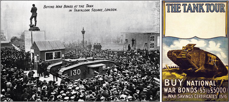 Tank 130 in Trafalgar Square, London in March 1918 & Tank Tour poster from 1918